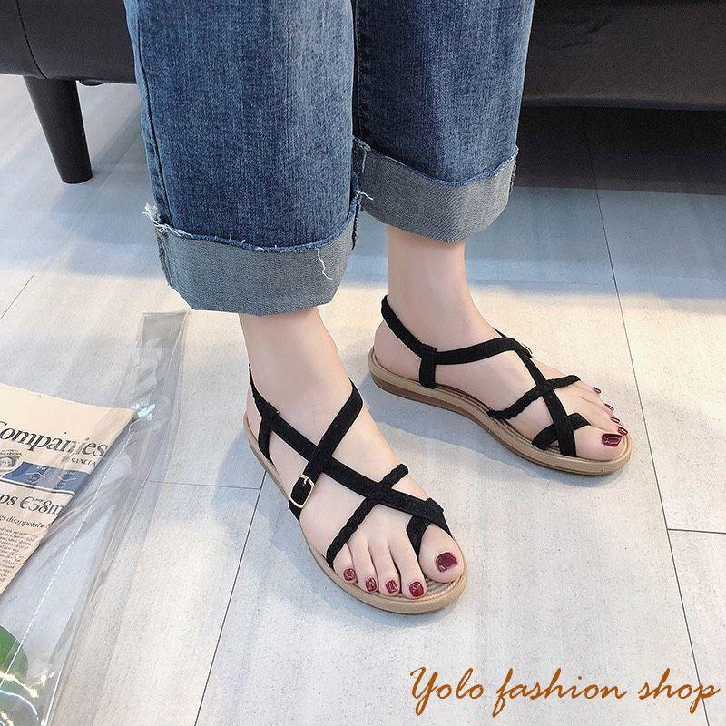 SB5_Sandal nữ đế bằng quai chéo đế giá cói vintage xinh xắn