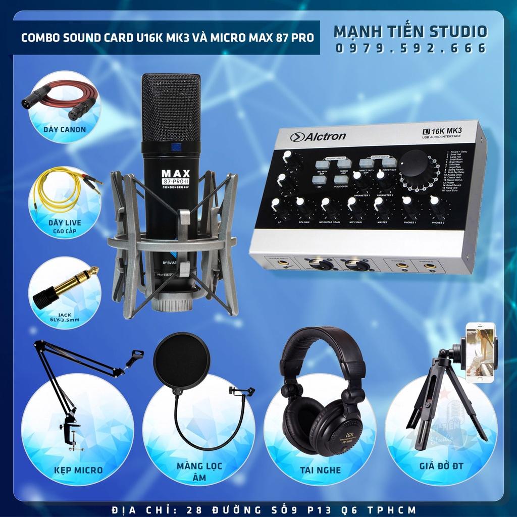 Combo thu âm Sound Card U16K MK3 Bluetooth Và Micro Max 87-Pro-II đen livestream karaoke bán hàng onl tiktok đủ phụ kiện