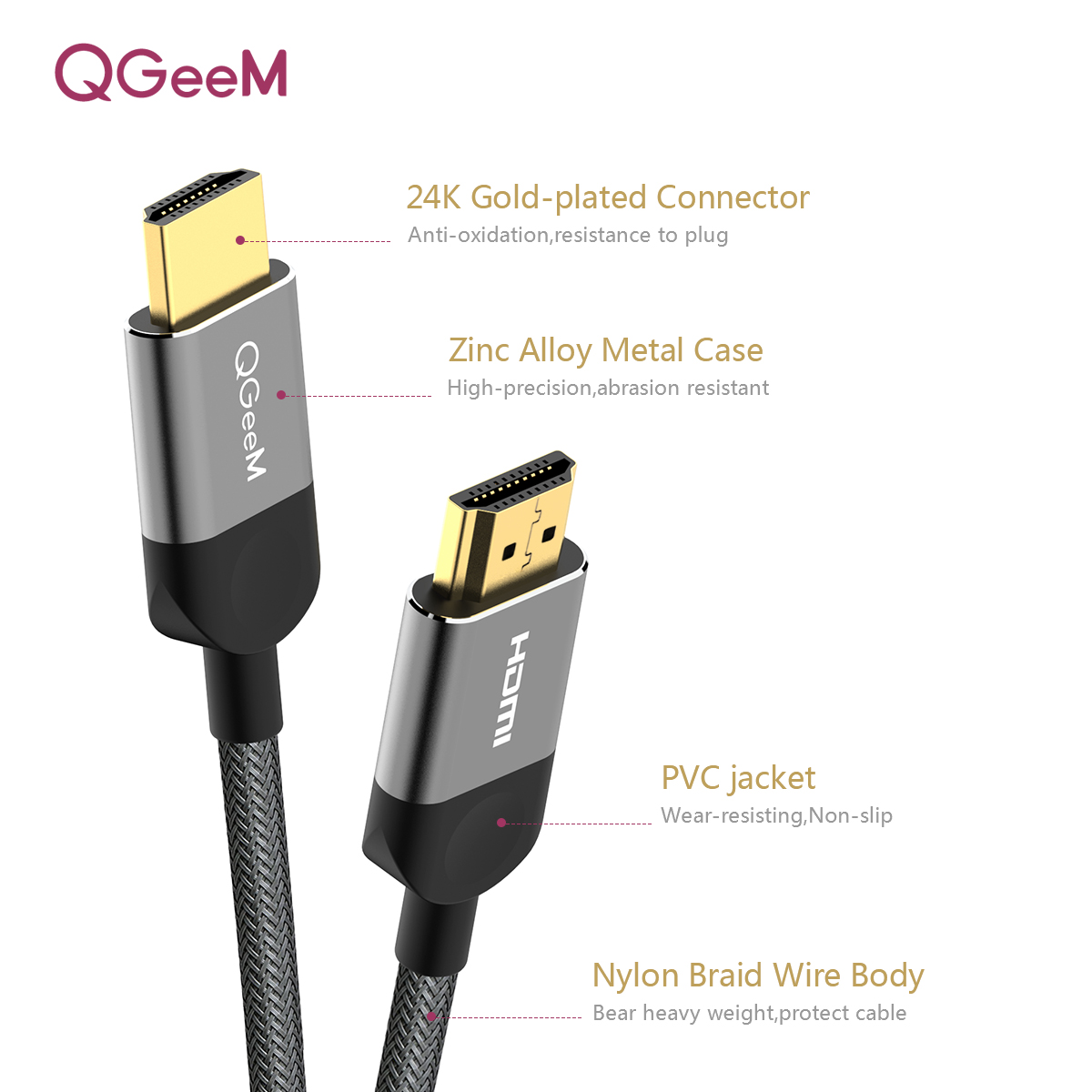 Cáp HDMI sang HDMI QGeeM hỗ trợ 4K*2K@60HZ UHD dây cáp bện nylon đầu mạ vàng hợp kim nhôm dài 3M-Hàng Chính Hãng