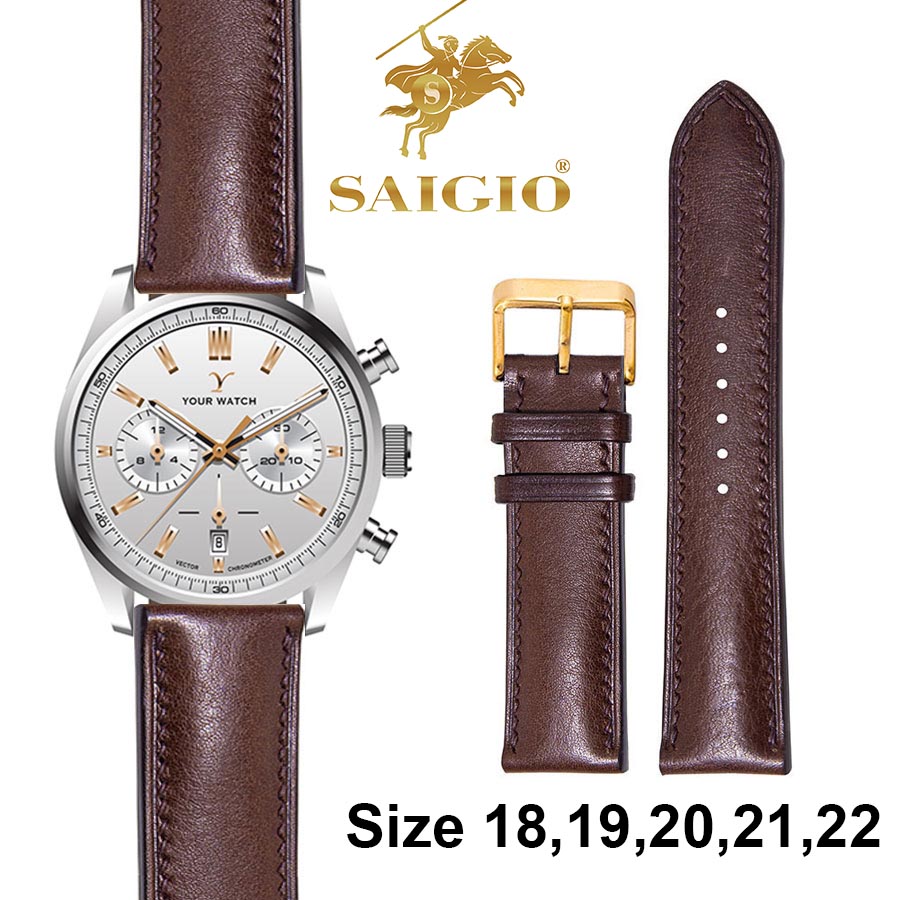 Dây Da Đồng Hồ Cổ Điển, Chất Liệu Da Bò Thật 100, Mặt Lót Chống Thấm Mồ Hôi, Tích Hợp Lớp Gia Cố Chống Giãn Đặc Biệt, Phụ Kiện Khóa và Chốt Bằng Thép Không Gỉ 316L, Nhiều Màu, Nhiều Size – Hàng Chính Hãng SAIGIO – Da Nâu  Khóa Vàng – 22-20mm
