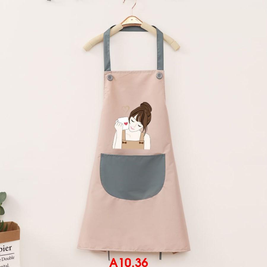 Tạp dề nấu ăn có túi đựng chống thấm nước,đồng phục nhân viên phuc vụ họa tiết cô gái búi tóc đáng yêu