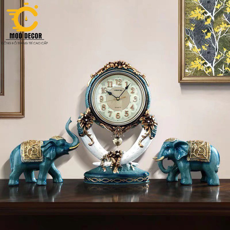Đồng hồ ĐỀ BÀN Combo bộ 3 chi tiết voi xanh 1482-81 cao cấp cho phòng khách