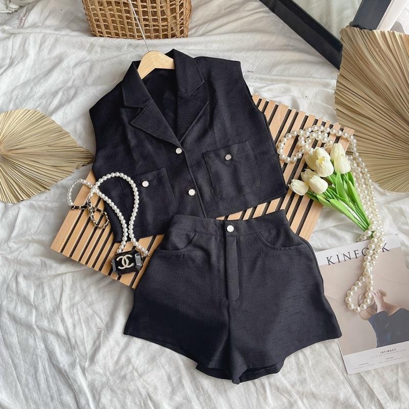 SET CROP BỐ CỔ VEST ĐÍNH NÚT + SHORT