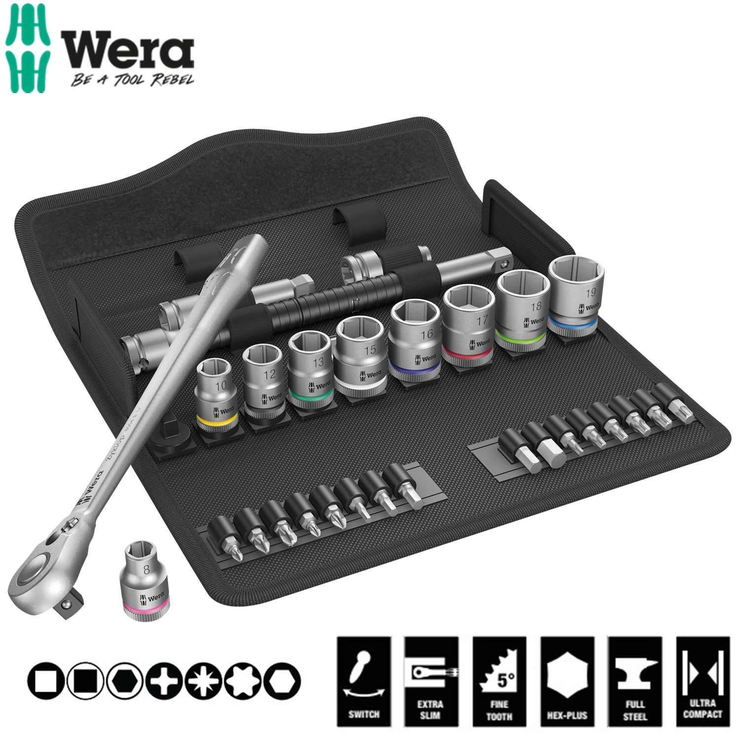 Bộ tuýp cần siết kim loại 3/8", 8100 SB 8 Zyklop Metal Ratchet Set with switch lever, Wera 05004048001