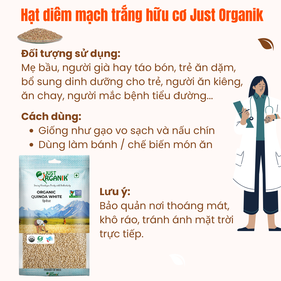 Hạt Diêm Mạch Quinoa Trắng Hữu Cơ Just Organik Quinoa White Nhập Khẩu Ấn Độ Dinh Dưỡng Cho Người Ăn Kiêng 500g