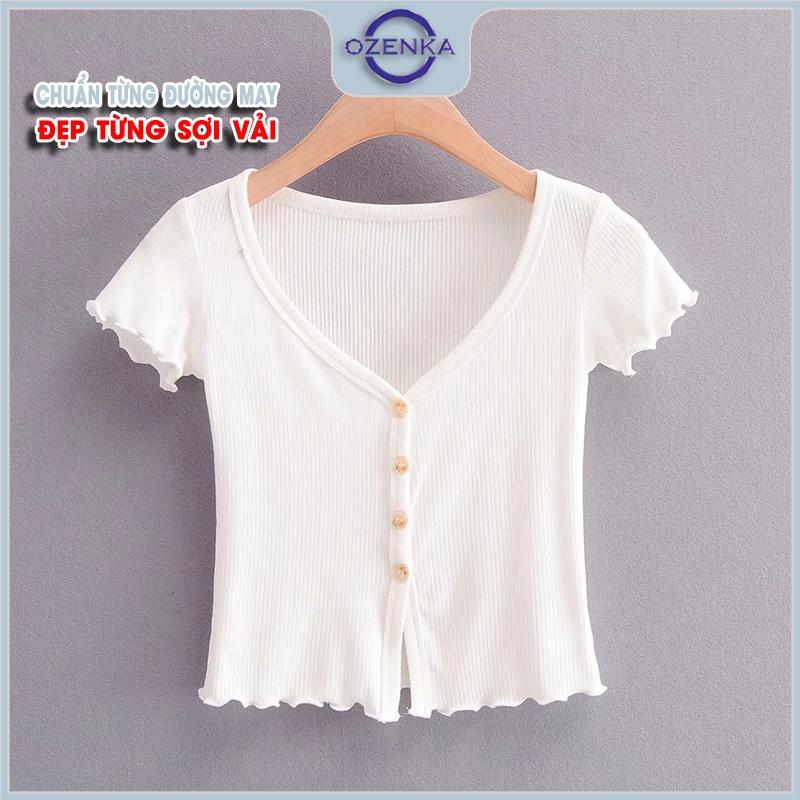 Áo croptop nữ kiểu ôm sexy cổ vuông cài khuy, áo crt ngắn tay đẹp thun gân 100% cotton màu đen trắng dưới 55 cân