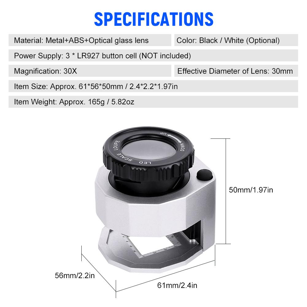 Kính lúp gấp có thể điều chỉnh độ phóng đại LED 30X Loại bàn kim loại Gương có tỷ lệ nhỏ Gương đọc trang sức Kính lúp