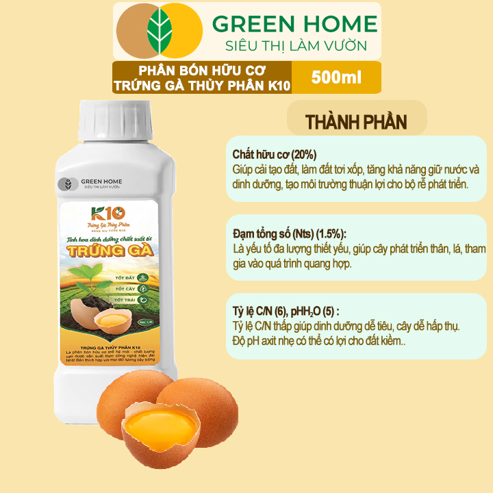 Phân Đạm Trứng Gà Thủy Phân K10 GreenHome, Chai 500ml, Axit Amin Tự Nhiên Từ Trứng Gà, Cải Tạo Đất