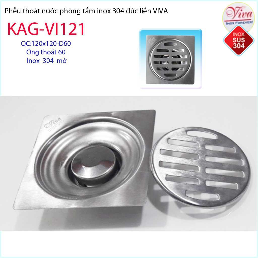 Phễu thoát sàn Viva 12x12 cm KAG-VI121 ống thoát 60mm chống mùi hôi inox 304, thoát sàn inox đúc dày thoát nước nhanh ch