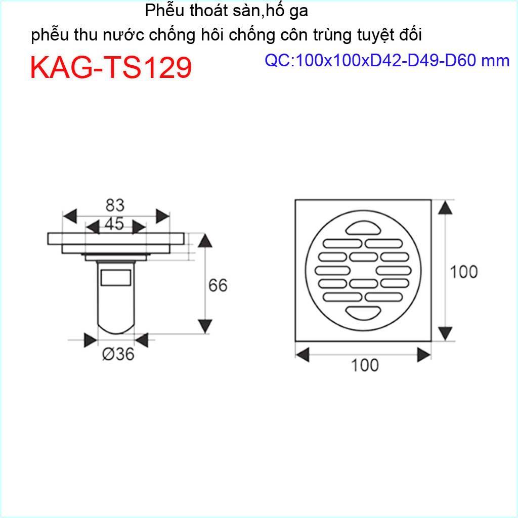 Thoát sàn chống hôi nhà tắm, phễu thoát sàn chống trào tuyệt đối 10x10cm KAG-TS129