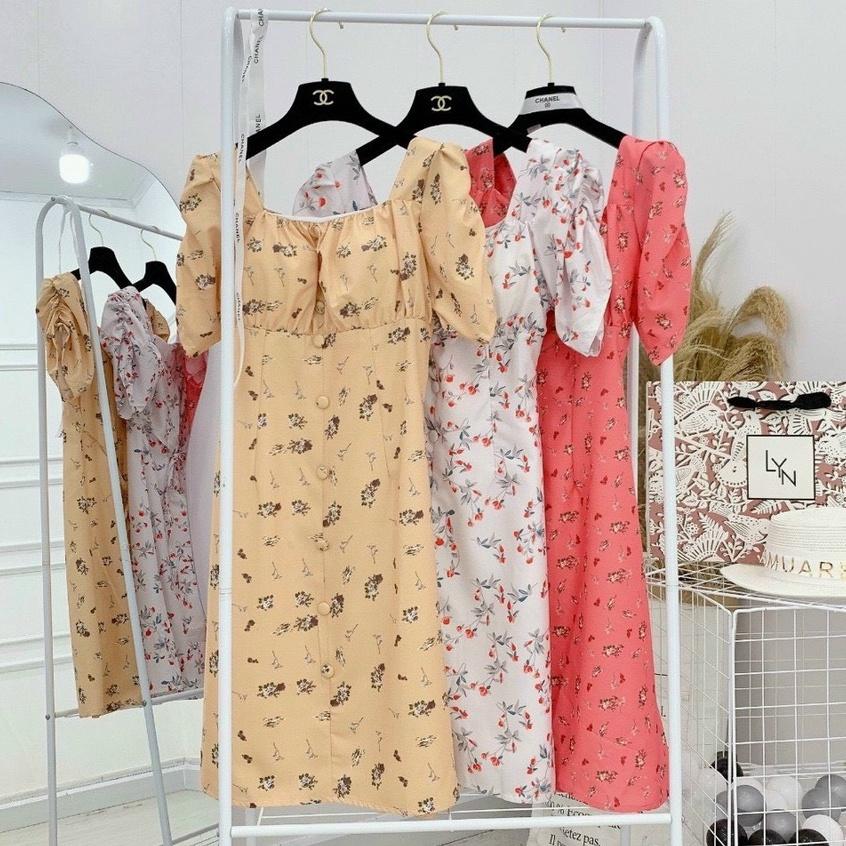 Đầm Hoa Dáng Xòe Thời Trang Mùa Hè Phong Cách Tay Ngắn Cổ Vuông Thanh Lịch Cho Nữ