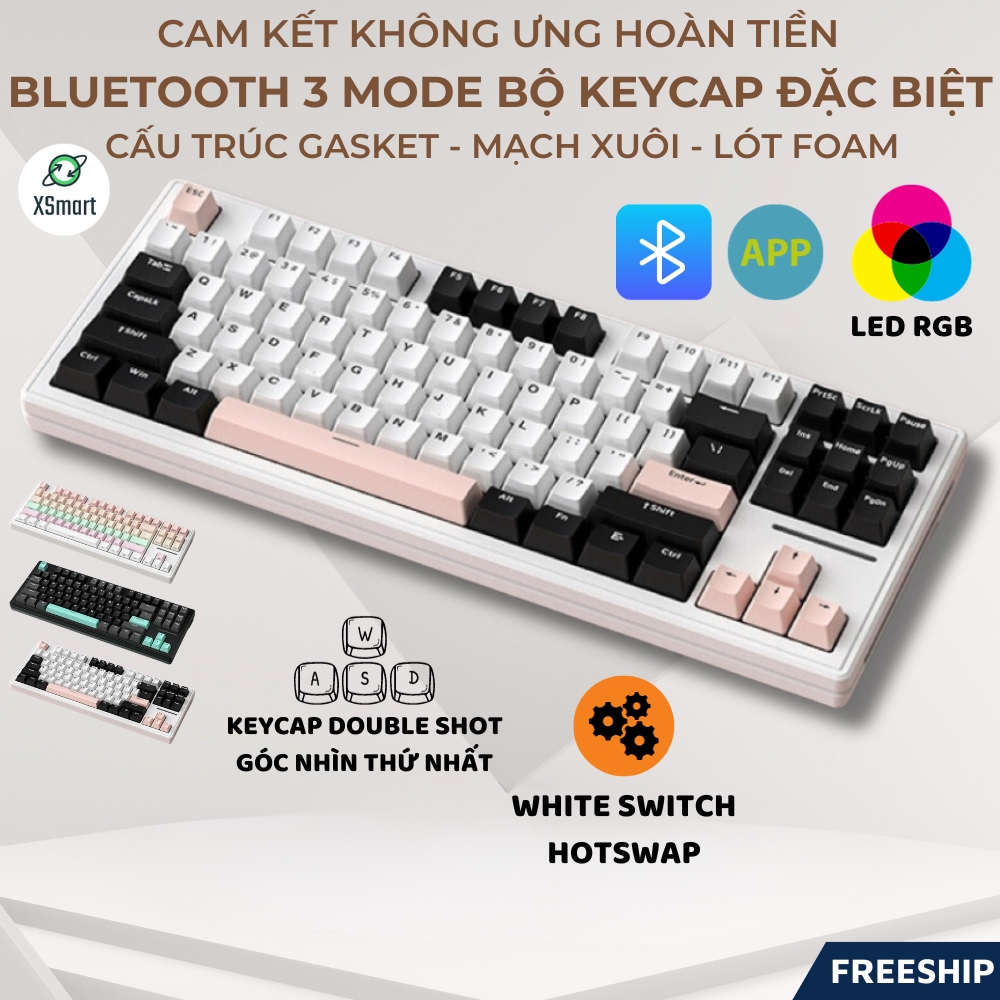 Bàn Phím Cơ Gaming Không Dây Bluetooth XM87 LED RGB Pro Keycap Xịn, White Switch, Hotswap, 3 Mode-Hàng Chính Hãng