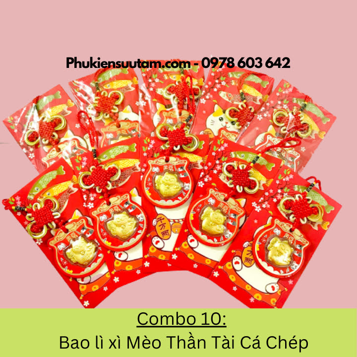 Combo 10 Bao Lì Xì Mèo Thần Tài Cá Chép, kích thước: 17cmx9cm, màu đỏ - SP005935