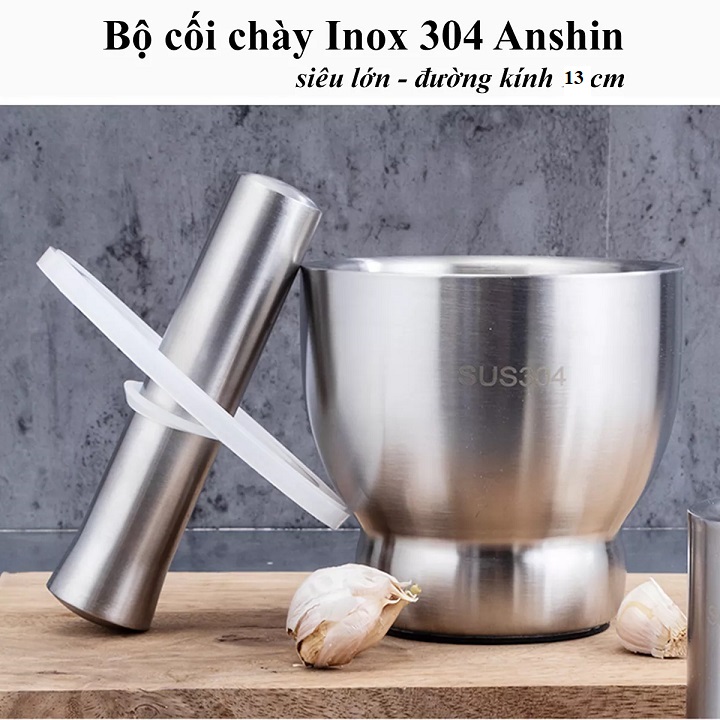 Bộ cối chày Inox nguyên khối 304 đường kính 10 cm - bảo hành trọn đời không han gỉ