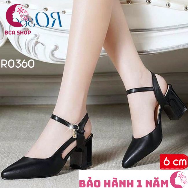 Giày sandal nữ cao gót 6p RO360 thời trang cao cấp ROSATA tại BCASHOP mũi nhọn, quai sau, kèm hạt kim cương nhân tạo, màu đen