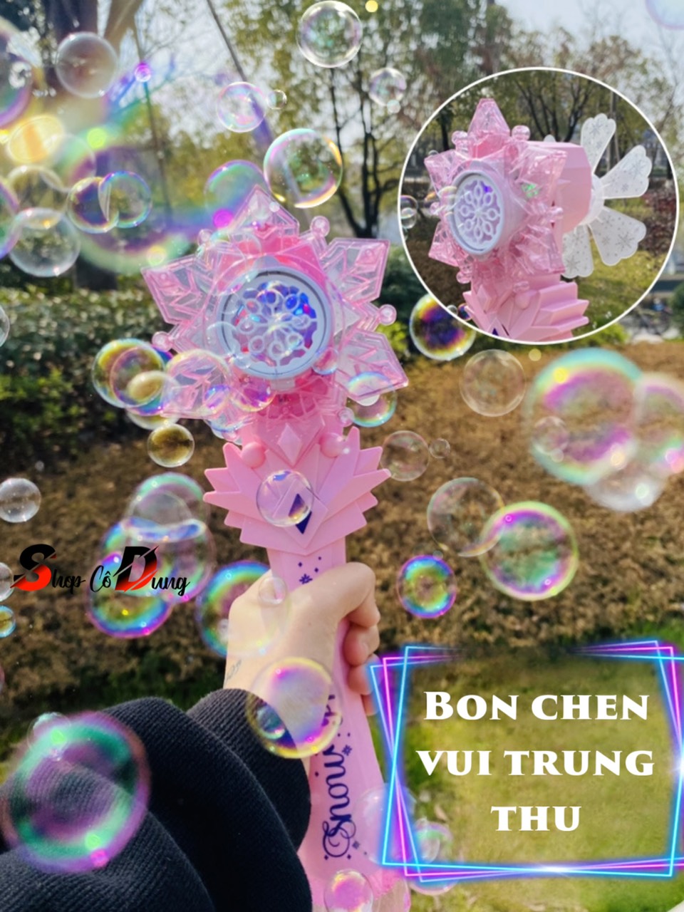 Đồ Chơi Gậy Phép Thuật Thổi Bong Bóng mẫu bông tuyết Có Nhạc, đèn led lung linh kèm Dung Dịch Bong Bóng - Quà tặng ý nghĩa cho bé