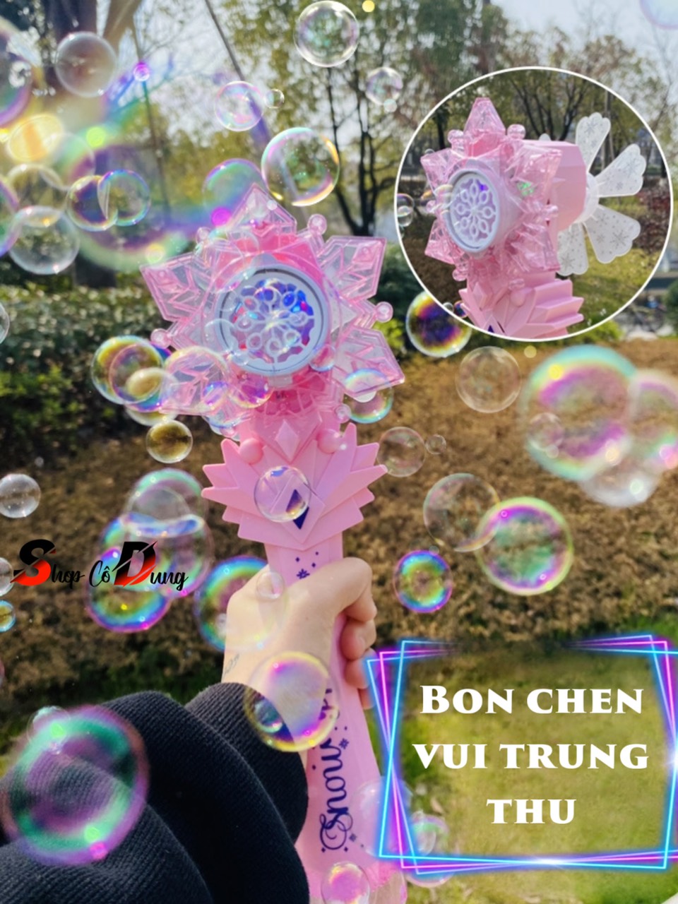 Đồ Chơi Gậy Phép Thuật Thổi Bong Bóng mẫu bông tuyết Có Nhạc, đèn led lung linh kèm Dung Dịch Bong Bóng - Quà tặng yêu thích cho bé