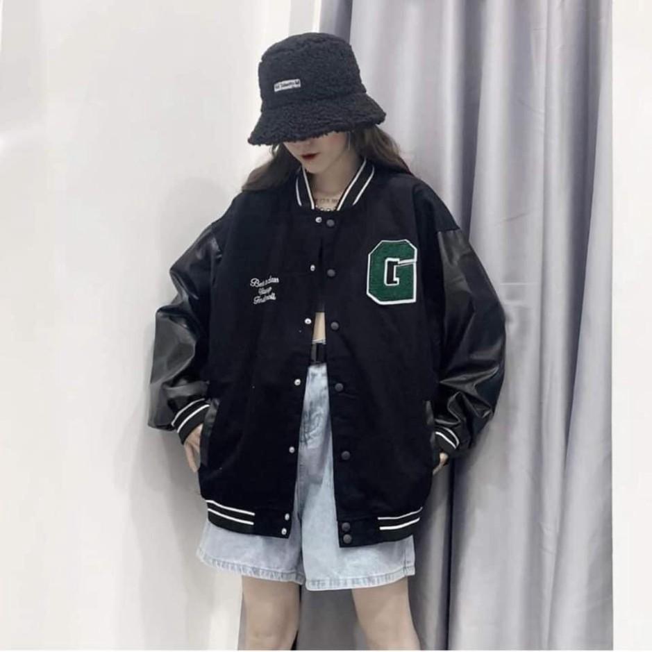 Áo khoác thu đông nam nữ kiểu bomber phối tay da chữ G cúc bấm trẻ trung cá tính/ Áo nỉ dáng rộng ulzzang siêu hàn quốc
