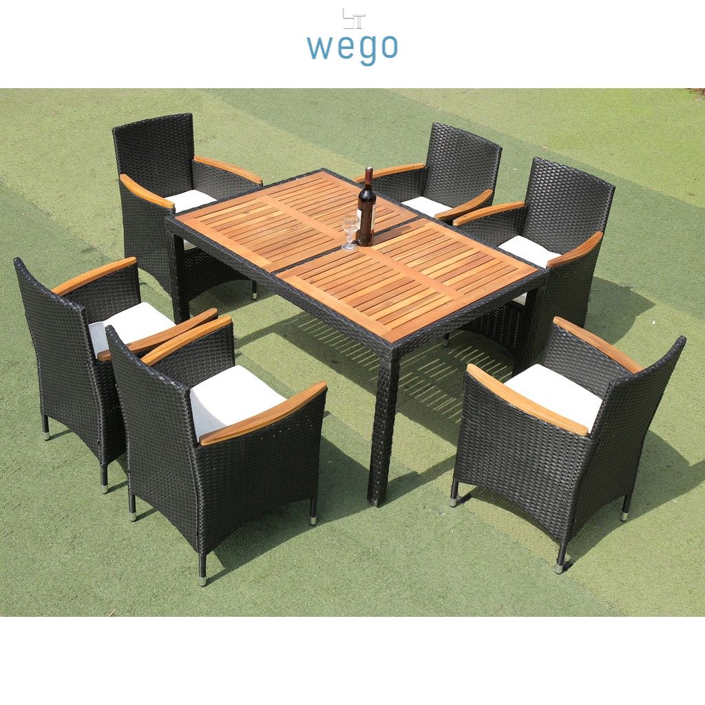 WEGO Bộ nội thất ngoài trời đan mây nhựa / Bộ sân vườn - Bộ bàn ăn Mặt bàn bằng gỗ keo với 6 ghế //Outdoor Furniture Rattan Chair set Garden Dining Table 6 seater