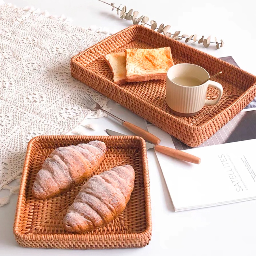Khay mây đựng bánh URSPACE trang trí tiệc, decor chụp ảnh sản phẩm/ SET OF 3 RECTANGLE RATTAN TRAY