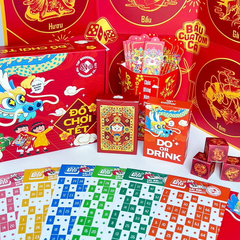 Combo Board Game Đồ Chơi Tết 2024 Đỏ gồm Bầu Cua Bài Tây Drinking Game Lô Tô Lì Xì Quẻ cho nhóm bạn vui chơi