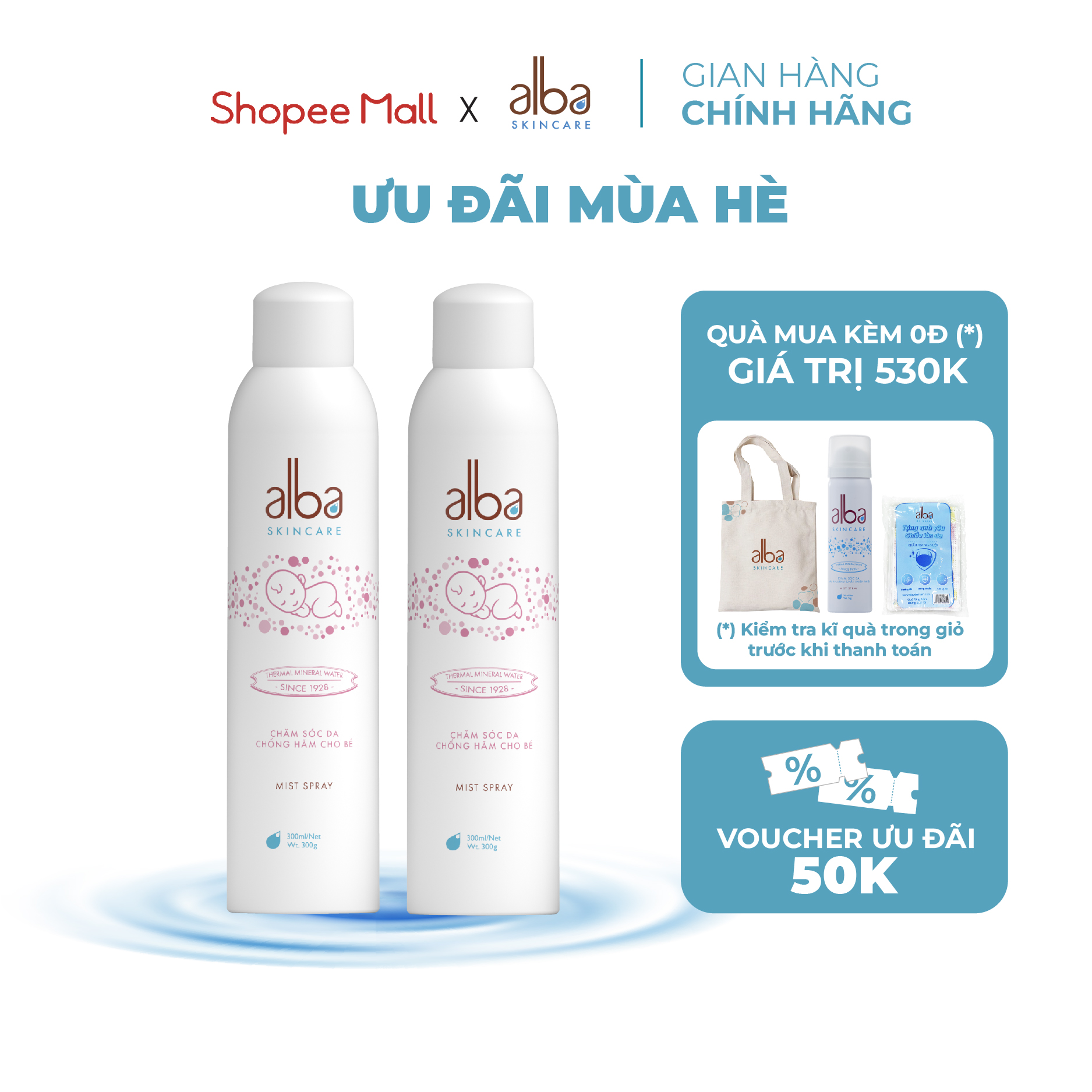 Combo 2  Xịt Khoáng BABY ALBA Chống Hăm Khô Rôm Sảy Giúp Da Bé Mịn Màng 300ML