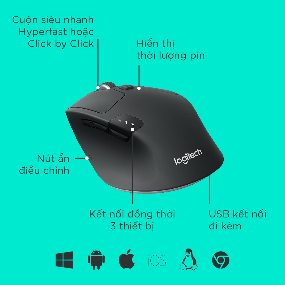 Chuột không dây bluetooth | USB Logitech M720 - Kết nối đa thiết bị, pin 2 năm, tương thích Mac | Windows - Hàng chính hãng