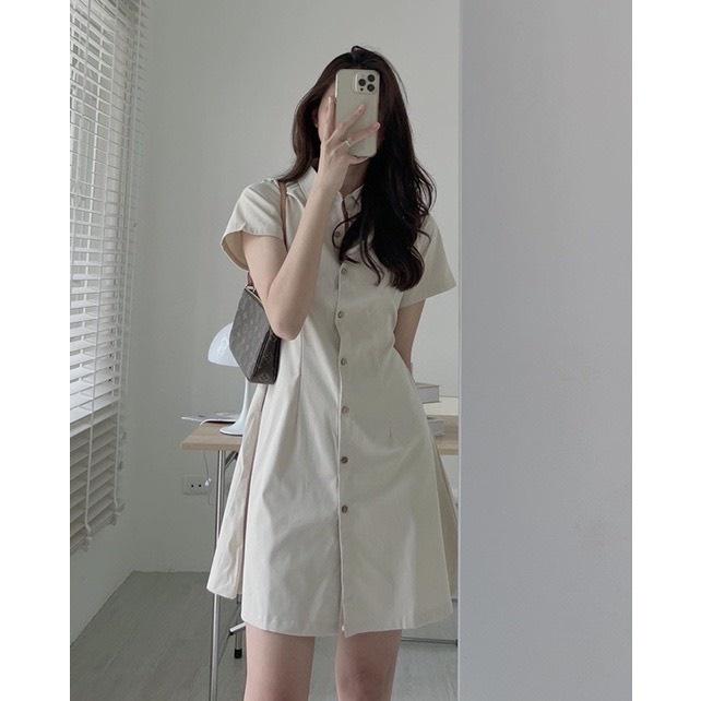 VÁY ĐẦM KAKI CỔ ĐỨC THÔ CHUN EO CÚC GỖ SIÊU XINH HÀNG ĐẸP