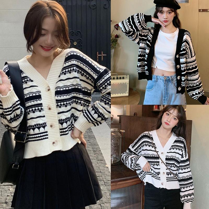 Áo Khoác Cardigan Dệt Kim Hoạ Tiết Kẻ Sọc Thiết Kế Cổ Chữ V Nữ Tính