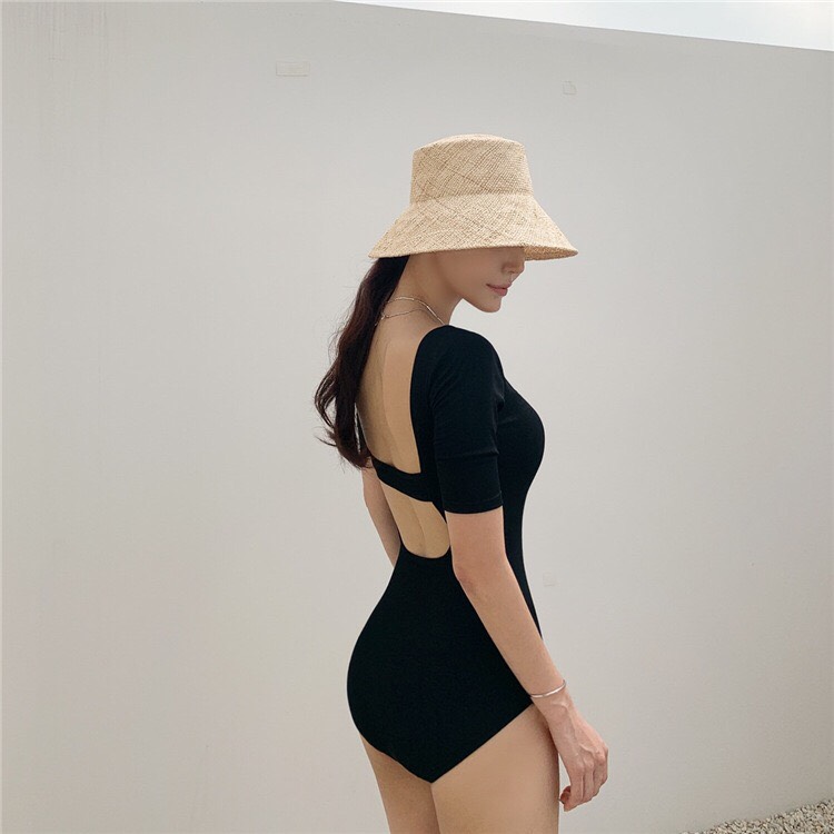 [HÀNG CAO CẤP + FORM ĐẸP] Set bikini liền thân tay ngắn khoét lưng DÂY NGANG