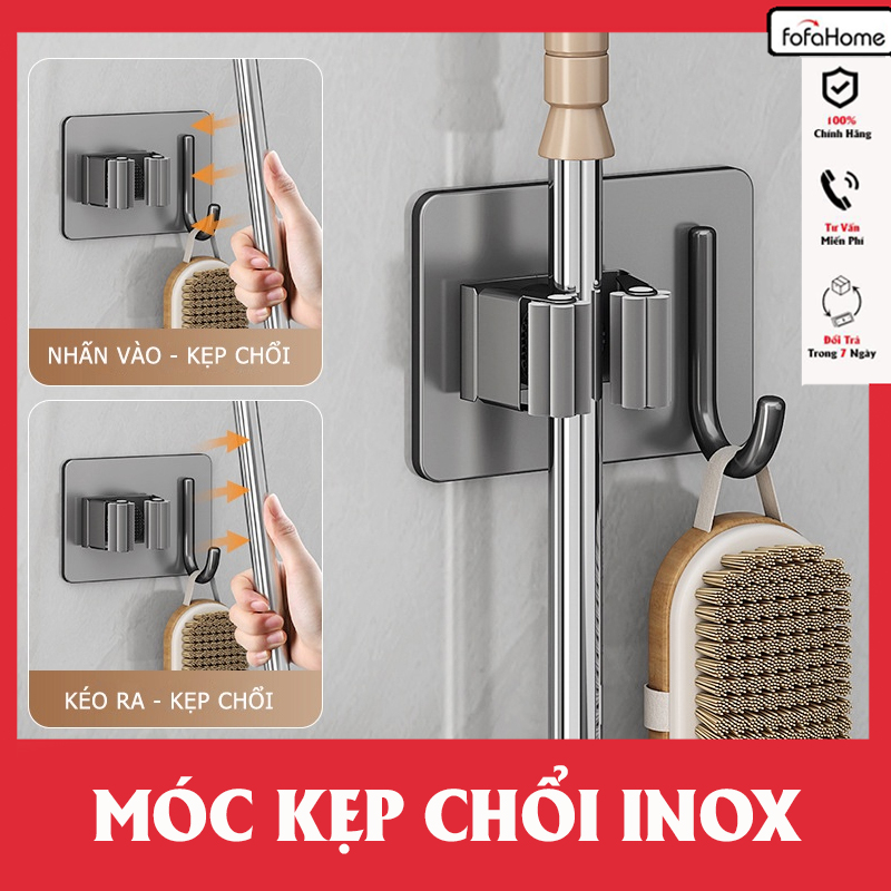 Kẹp Giữ Chổi, Cây Lau Nhà Dán Tường 2in1 Kèm Móc Treo Bằng Inox 304, Siêu Chắc Và Chịu Lực
