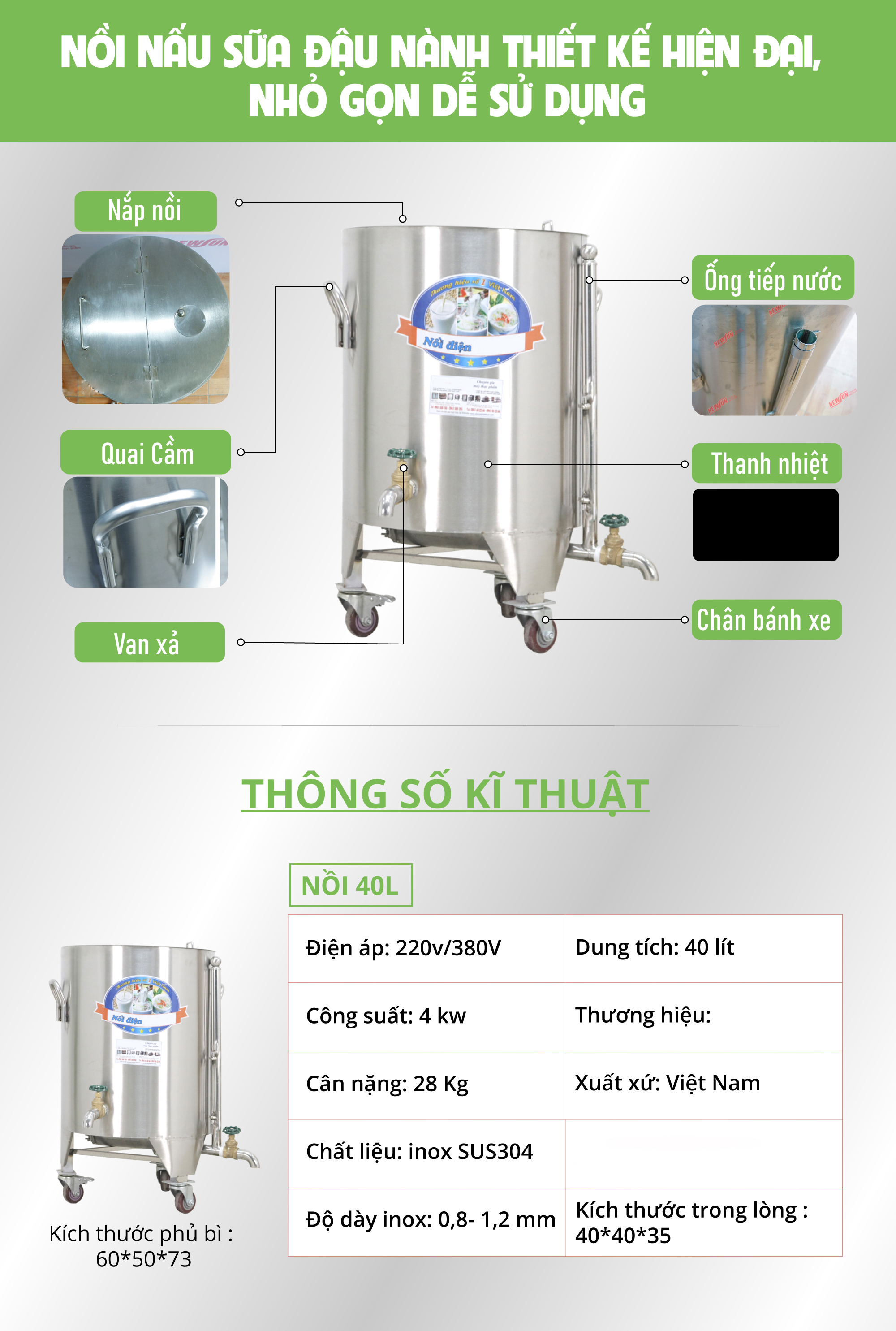 Nồi nấu sữa đậu nành công nghiệp 40L - Nấu sữa thơm, không bị đóng cặn