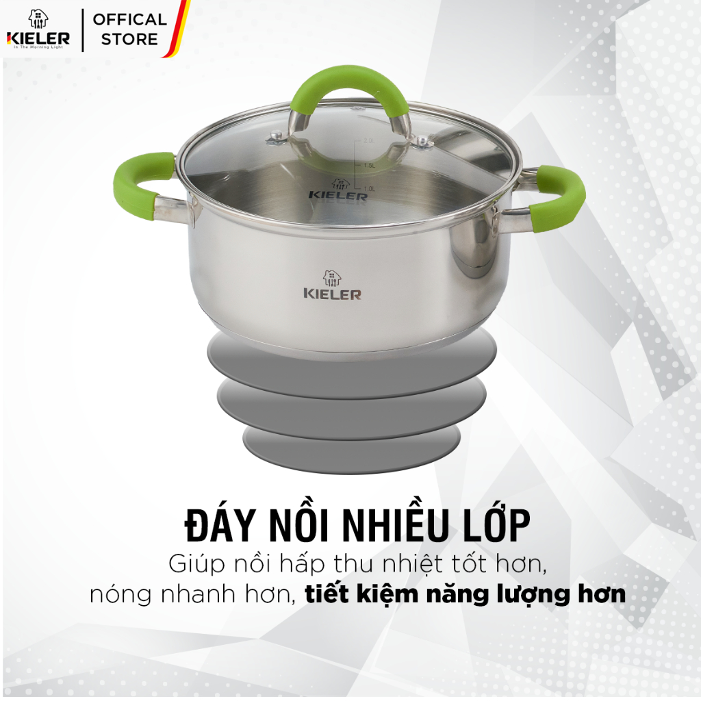 Nồi Inox 5 đáy KIELER đáy từ 18cm nấu nhanh, tiết kiệm điện, có 2 lớp chống dính Whitford ít bám dầu mỡ RW1003-18