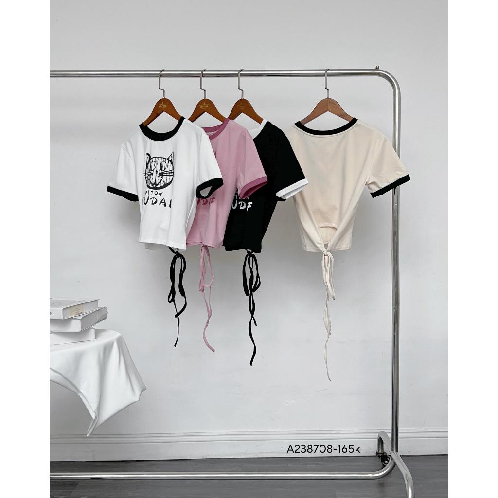 Áo phông nữ croptop dáng ngắn viền màu hình con mèo dây buộc sau a238708 germe