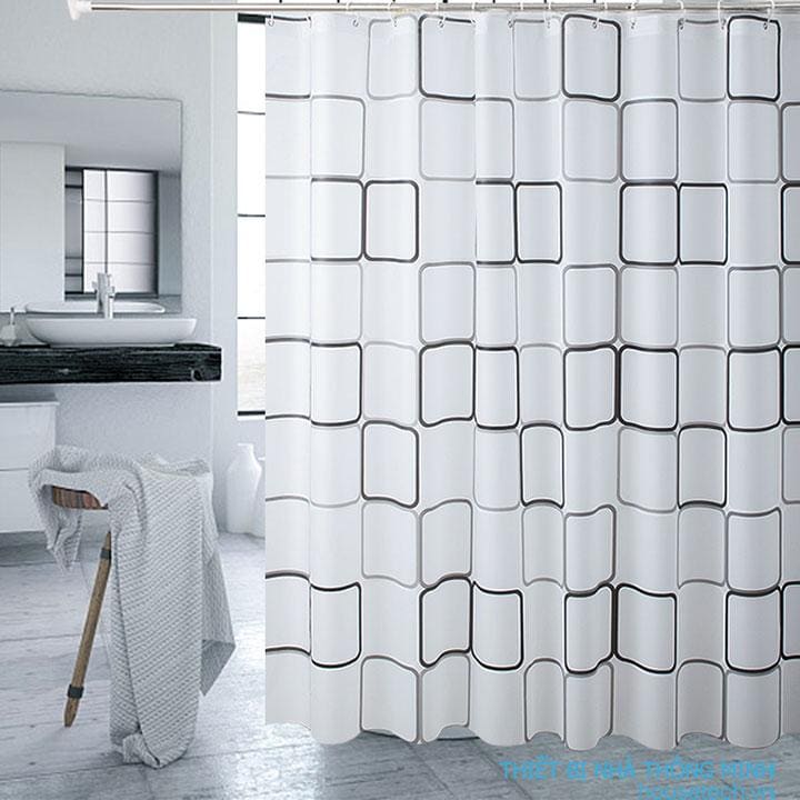 Rèm phòng tắm họa tiết vuông gam màu trắng, kèm theo móc, chống thấm HT718