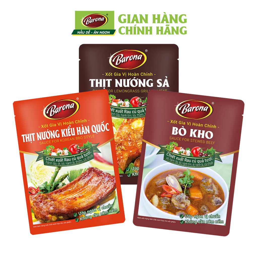 Combo Xôt gia vị hoàn chỉnh Barona: 1 Bò kho + 1 Thịt Nướng Hàn Quốc + 1 Thịt Nướng Sả