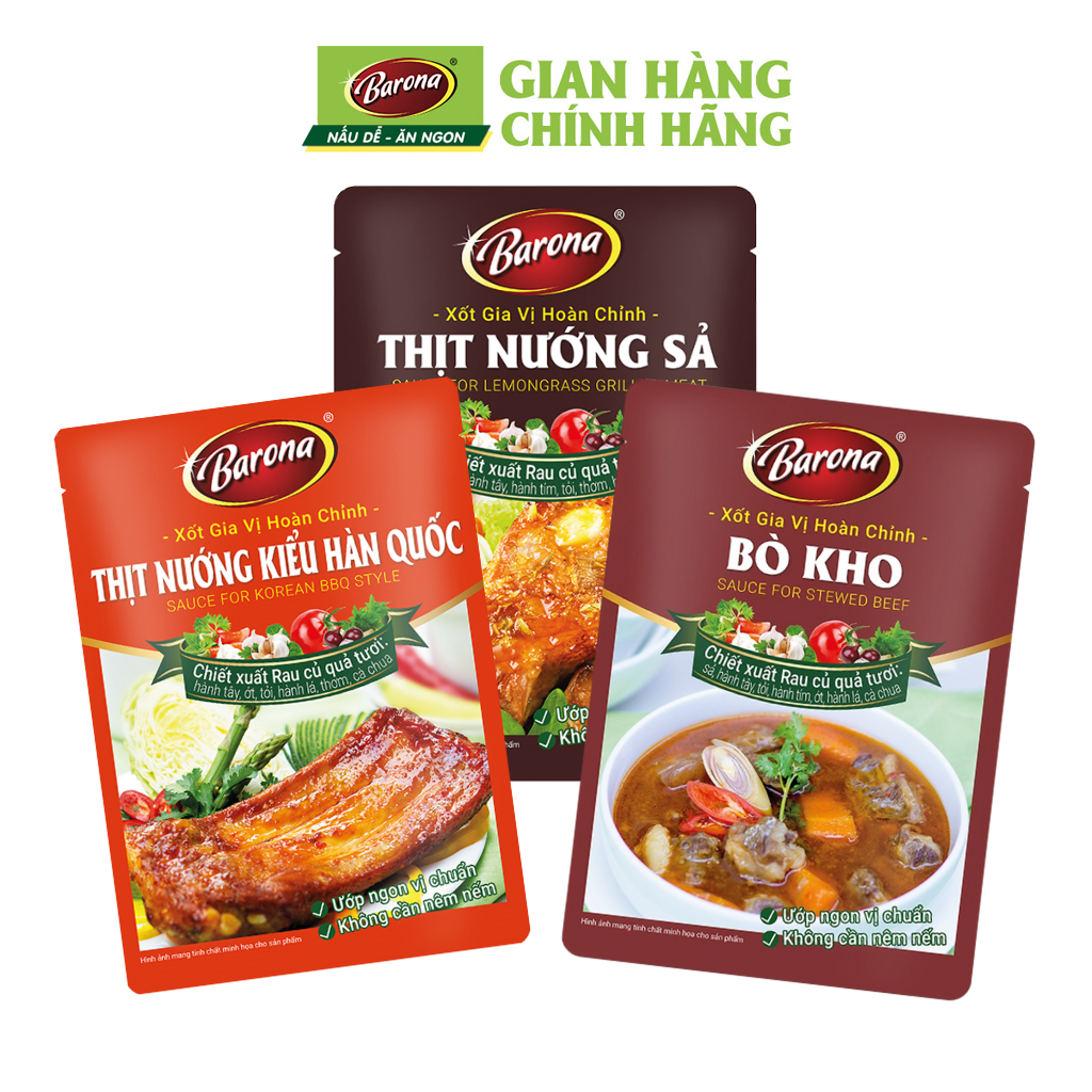 Combo Xôt gia vị hoàn chỉnh Barona: 1 Bò kho (80gr) + 1 Thịt Nướng Hàn Quốc (80gr) + 1 Thịt Nướng Sả (80gr)