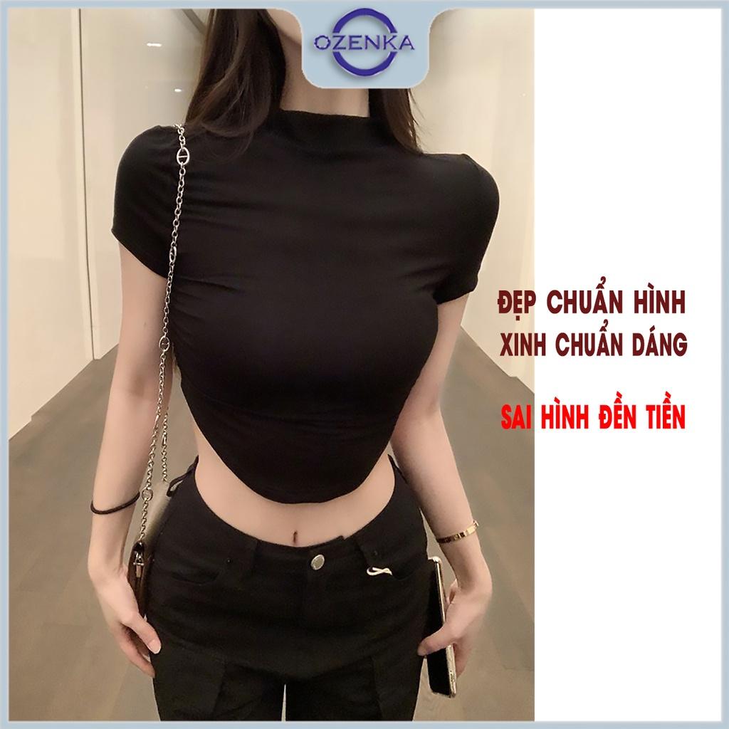 Áo croptop cổ lọ vạt bầu nhún eo tay ngắn nữ Ozenka , áo crt ôm body đen trắng dưới 55 cân