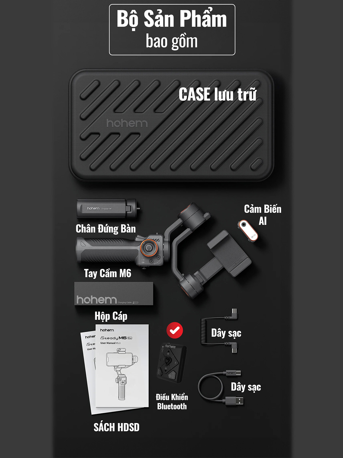 Tay cầm chống rung điện thoại hohem M6 chống rung Isteady 7.0 với tích hợp camera AI độc lập, điều khiển cử chỉ thông minh, hàng chính hãng