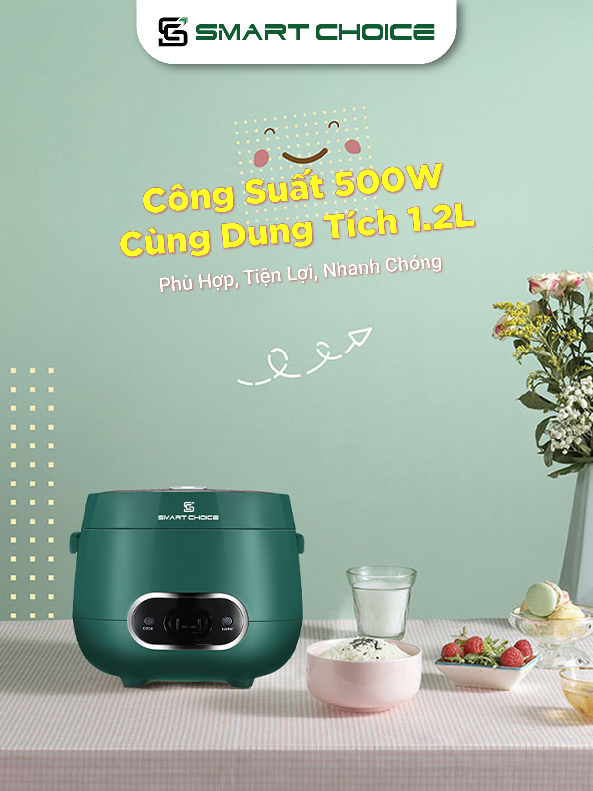 Nồi Cơm Điện Mini 1.2L SMARTCHOICE SCG-RC3001 Lòng Nồi Phủ Ceramic Chống Dính Cao Cấp, Nồi Cơm Điện Cơ Có Quay Xách Dùng Cho 1-3 Người Ăn, Nấu Chín Nhanh, Giữ Ấm Lâu - Hàng Chính Hãng