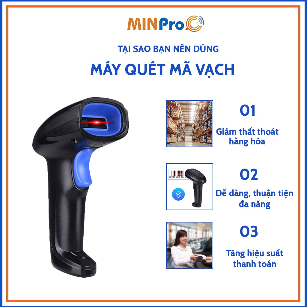 Máy quét mã vạch MINPRO không dây 2.4Ghz, quét mã vạch hàng hóa, công nghệ laser - Bảo hành 1 năm