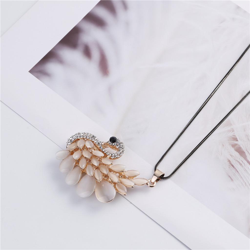 Charm Opal Crystal Swan Pendant Necklace Rhinestone Sweater Chain Necklace