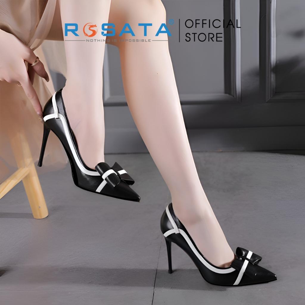 Giày cao gót nữ gót nhọn 9 phân mũi nhọn phối nơ viền trắng màu đen ROSATA RO608 ( Bảo Hành 12 Tháng ) - ĐEN