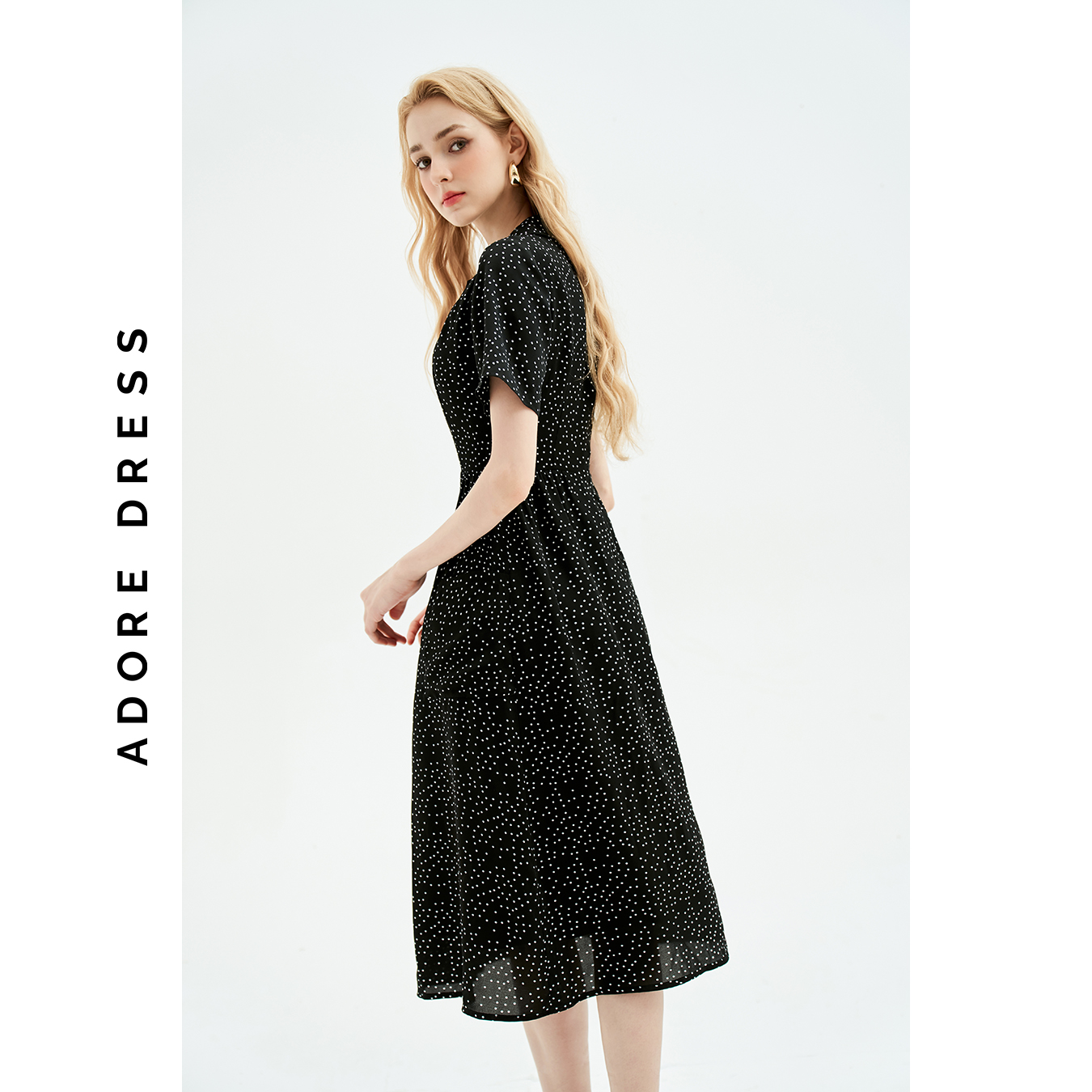 Đầm Midi dresses casual style lụa chấm bi đen khuy dừa 311DR2039  ADORE DRESS