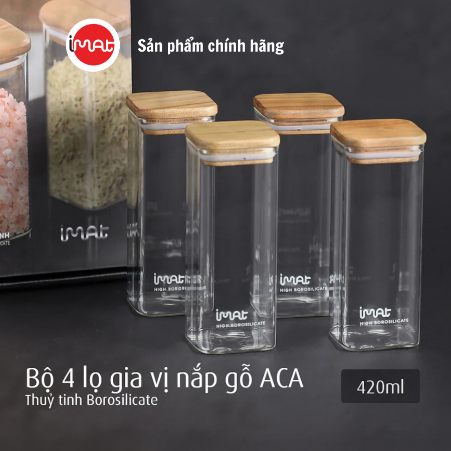 Bộ 4 Hũ Gia Vị Imat Thủy Tinh Nắp Gỗ Acacia ACA 400ml Sang Trọng Tiện Dụng