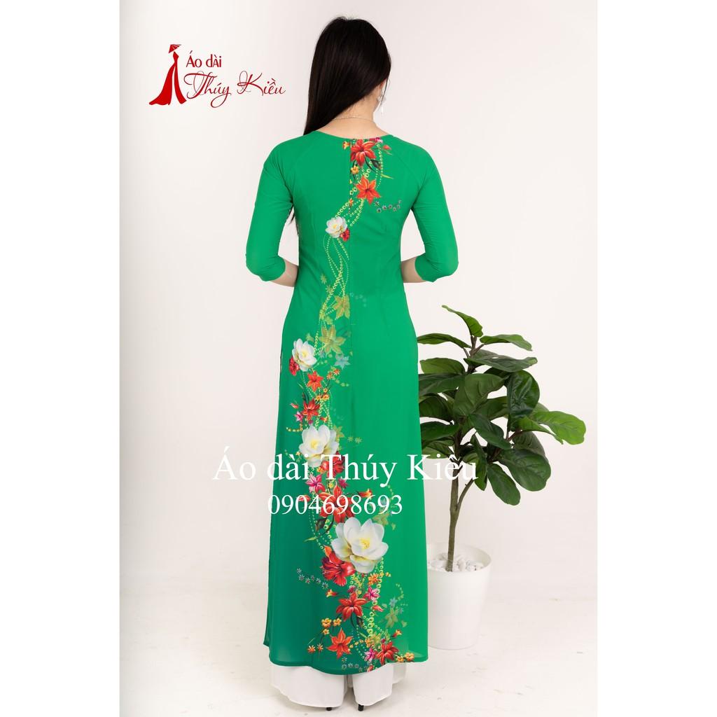 Áo dài may sẵn thiết kế nữ truyền thống đẹp cách tân tết nền xanh K36 mềm mại, co giãn, áo dài giá rẻ