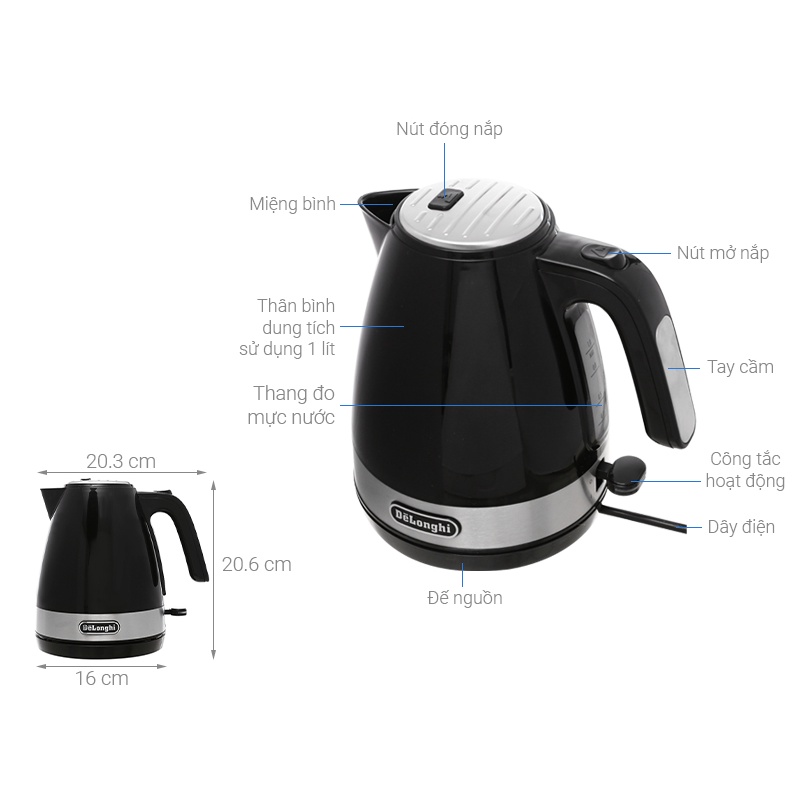 Bình Đun Siêu Tốc Delonghi KBLA2000.BK - Đen - Hàng Chính Hãng