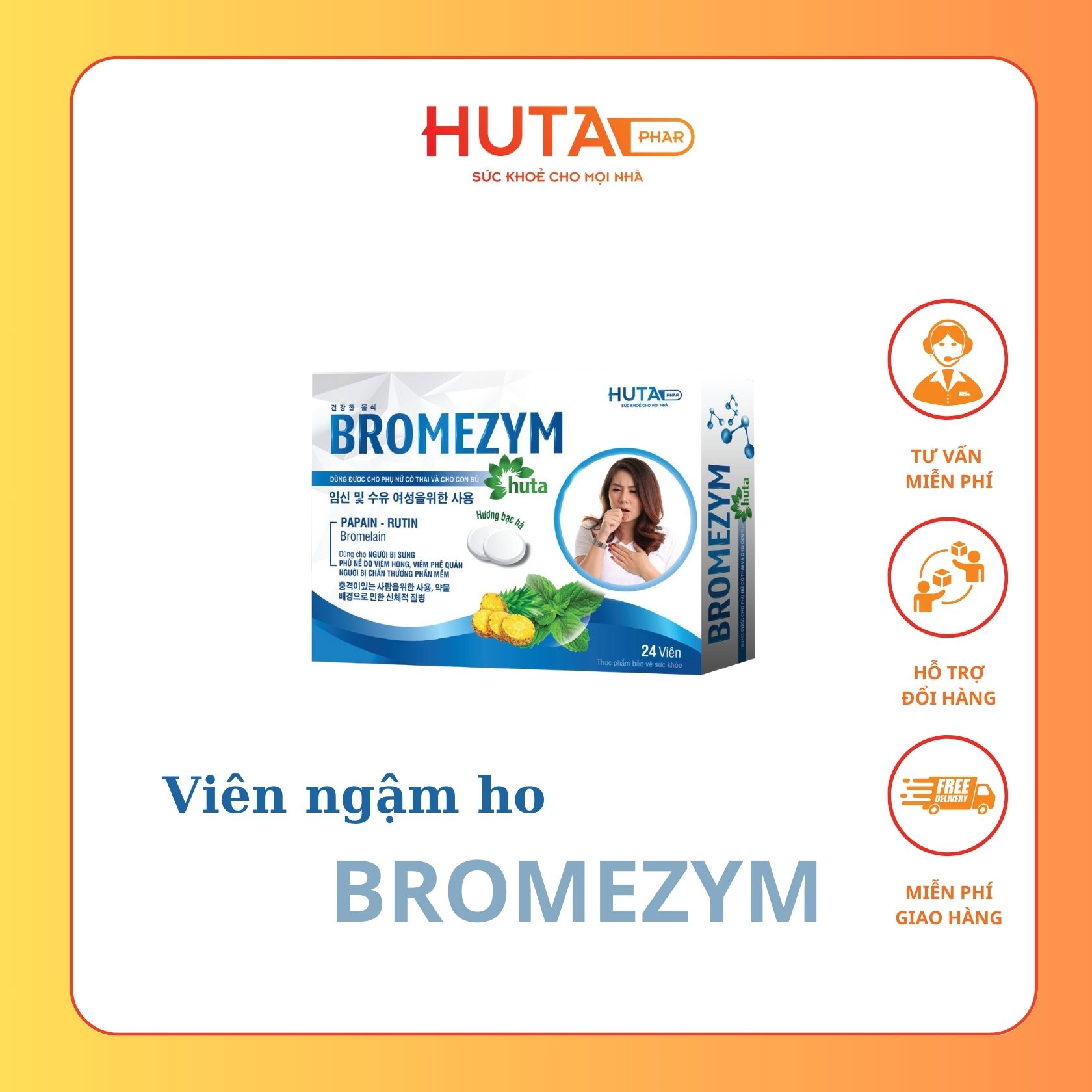 Viên ngậm BROMEZYM HUTA, giảm sưng, đau do viêm họng, viêm phế quản hộp 24 viên