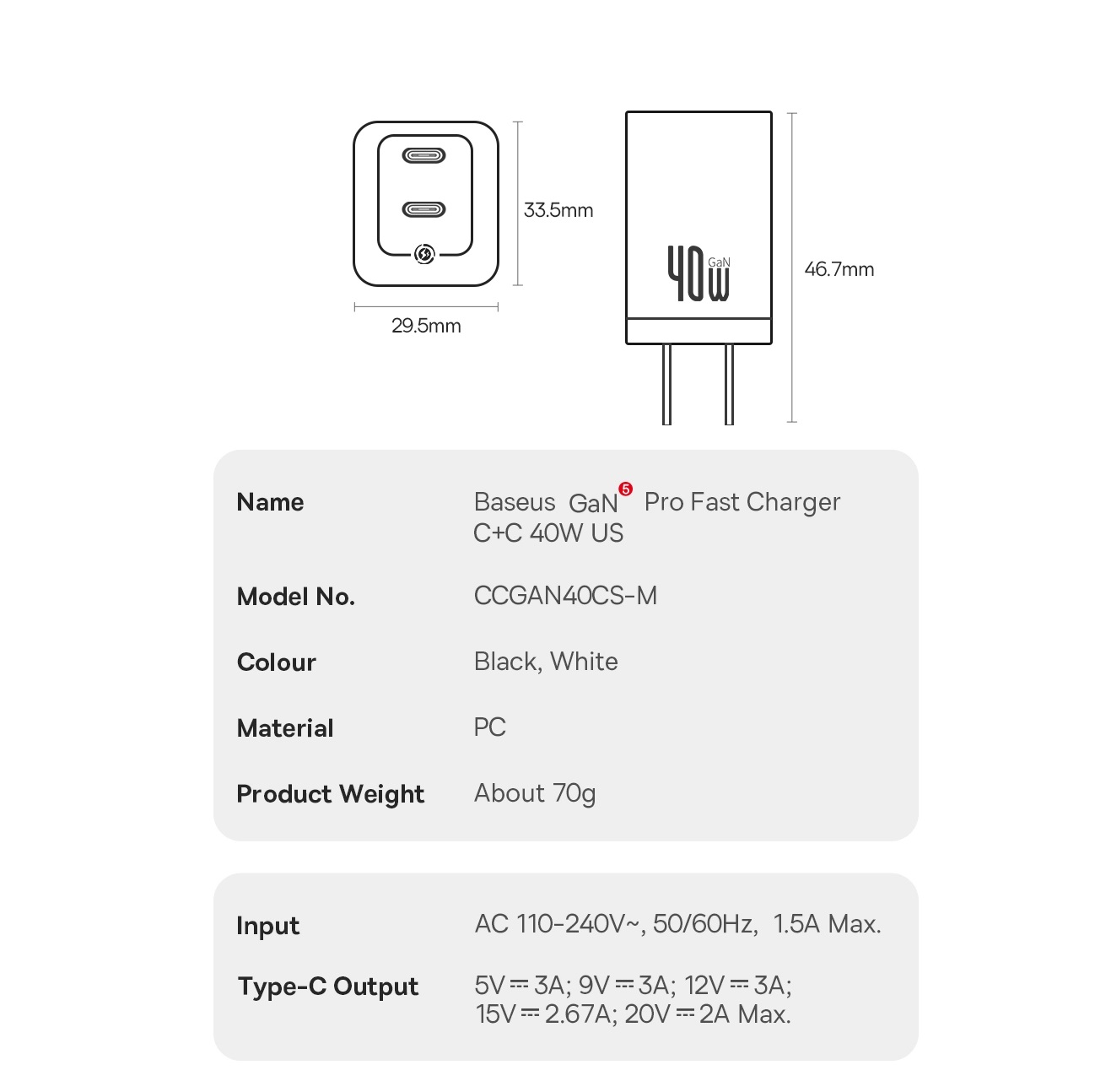 Củ sạc nhanh 40W 2 cổng C+C Baseus GaN5 Pro CCGAN40CS-M _ hàng chính hãng