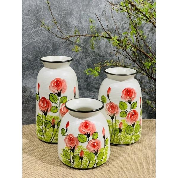 Set 3 lọ decor- cắm hoa, hoạ tiết vẽ thủ công. Gốm sứ Bát Tràng.